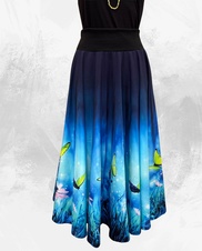 Dámská dlouhá kolová úpletová sukně,motýlci na modré